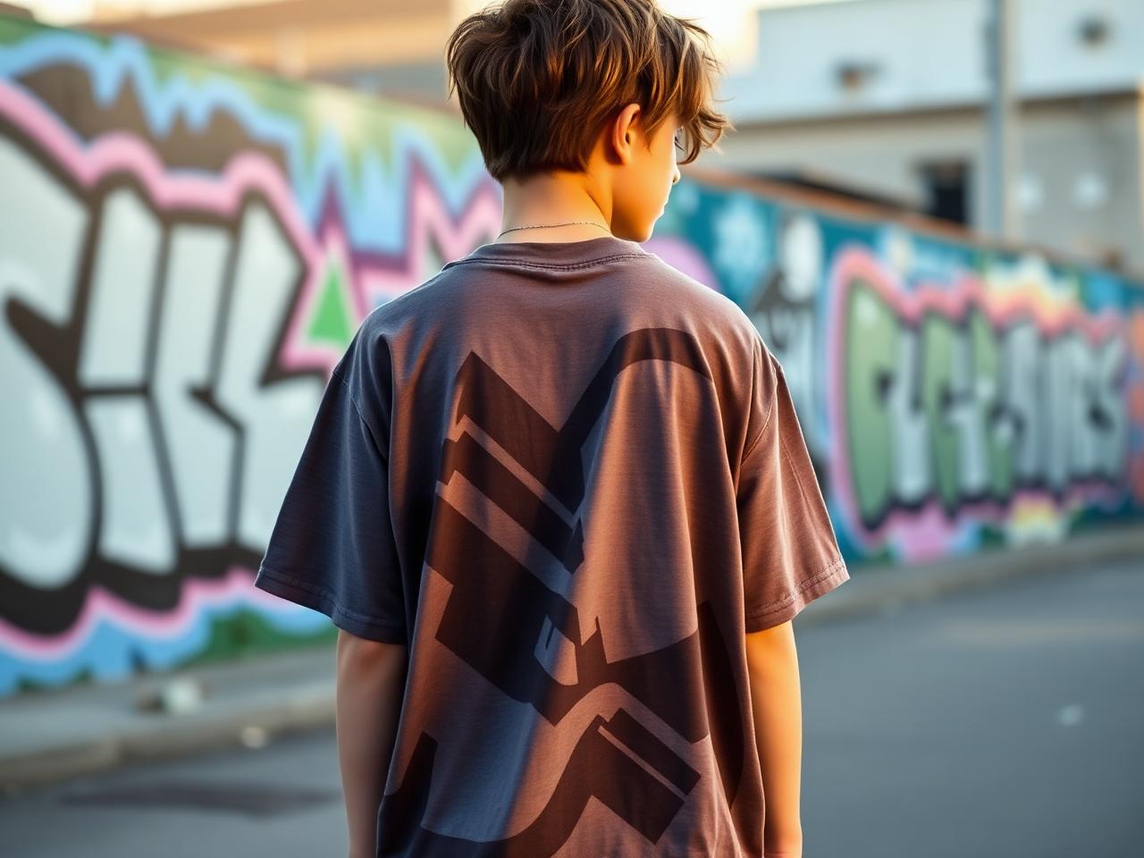Camiseta oversized estampada em ambiente urbano