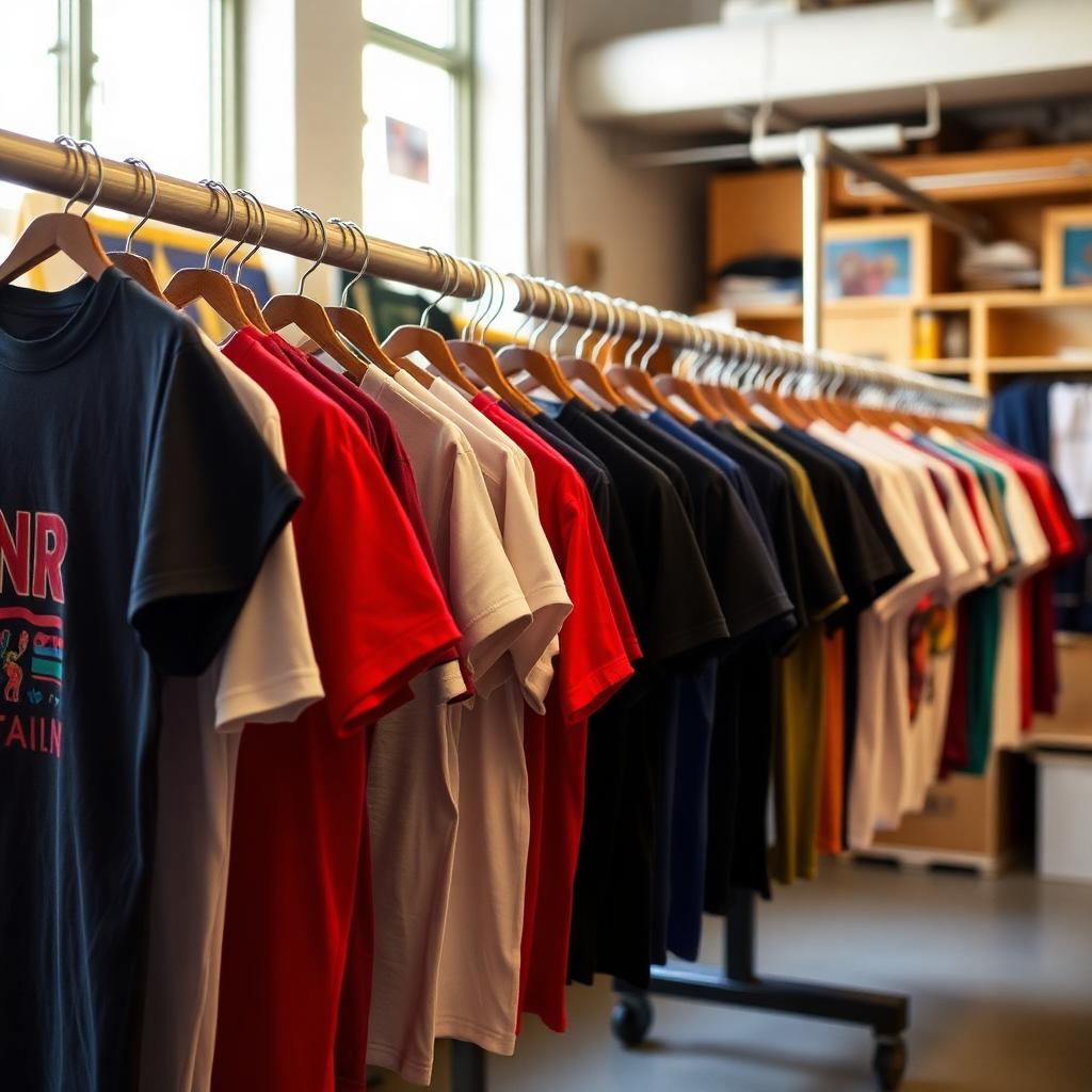 Camisetas estampadas em arara na oficina